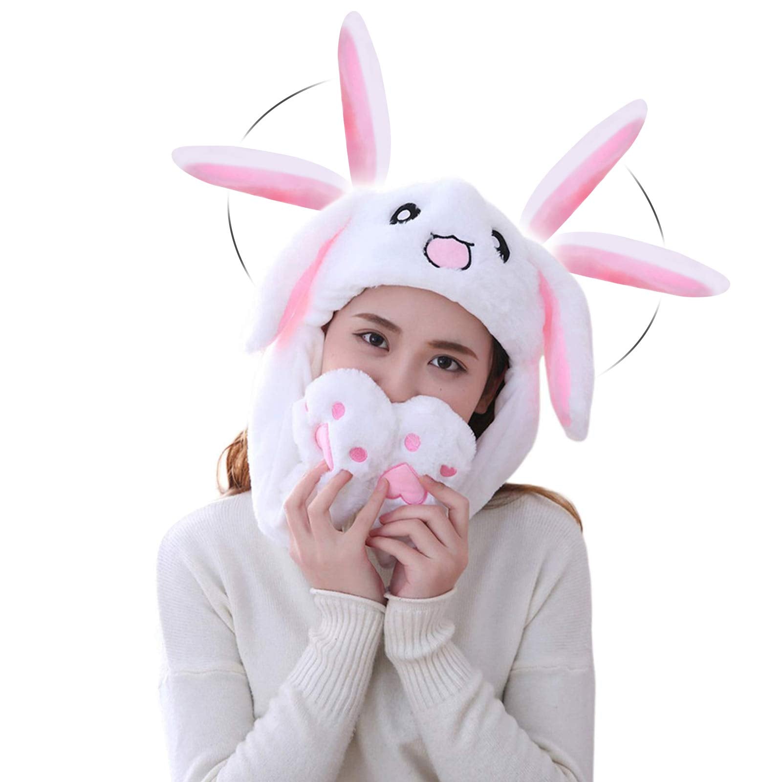 PATPAT Plush Animal Bunny Dancing Ears Hat, Cute Rabbit Moving Ear Flaps and Press Paws for Girls Women Kids, Birthday Gift (White) PATPAT Plush Animal Bunny Dancing Ears Hat, Cute Rabbit Moving Ear Flaps and Press Paws for Girls Women Kids, Birthday Gift (White)